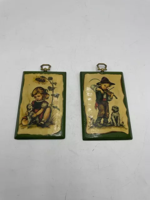 Vintage Hummel Prints on Wood Wall Plaques Pictures Goebel 1960's Pair (2)