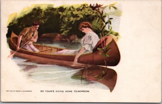 1911 Artist-Signed Romance Postcard Couple in CANOE "You're Going Home Tomorrow"