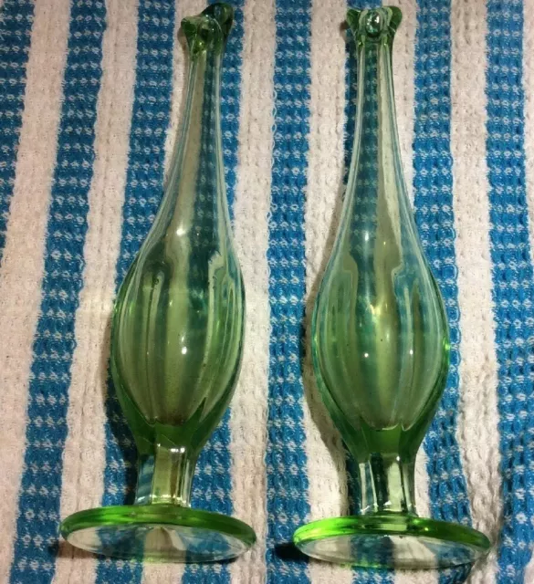 Pair Vaseline Uranium Depression Glass Bud Vases Antique