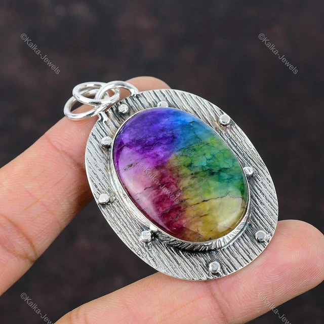 Natural Rainbow Solar Quartz Druzy Gemstone Pendant Pink 925 Sterling Silver