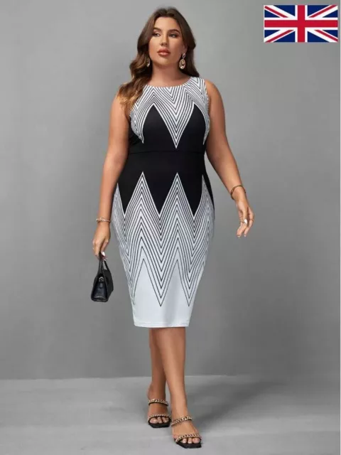 Elegant Lady Chevron Print Bodycon Dress Office Casual Party UK16 (XL)