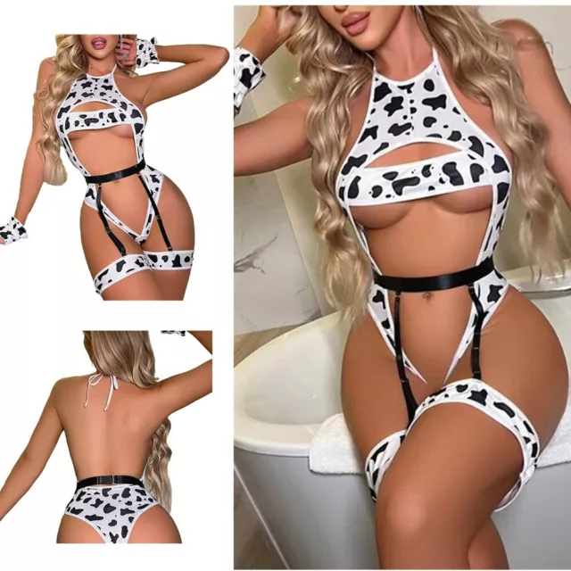 Womens Lingerie Set Sexy Cow Print Uniform Set Outfit Bodysuit Nightclub Funny