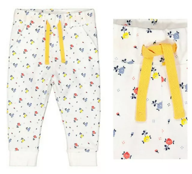 MOTHERCARE Girls Baby Joggers White Yellow Floral Lounge Tracksuit Bottoms NEW