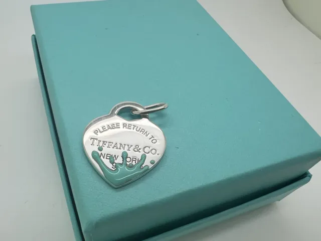 Tiffany Co Sterling Silver Return Blue Enamel Splash Heart Charm Pendant Medium