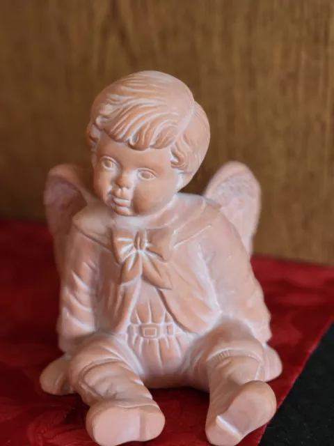1844. Vintage Cherub Boy Sitting Angel Figurine Angel Terra Cotta  Pottery 6"