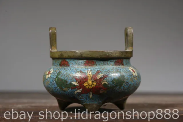 4.0" Old Chinese Xuande Copper cloisonne Dynasty flower Incense Burner Censer