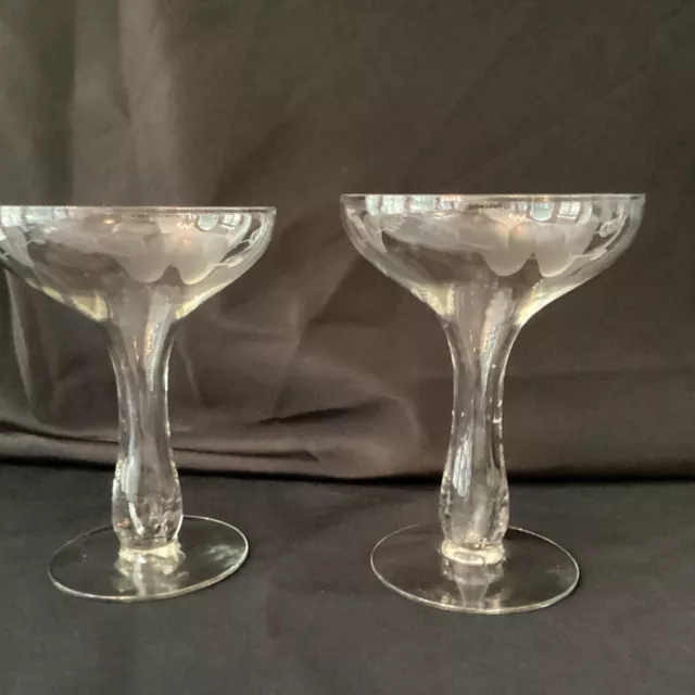 Vintage Hollow Stem Etched Hearts & Arrow Champagne Coupes - Pair