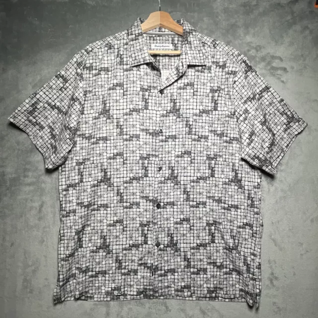 TOMMY BAHAMA CAMP Shirt Men’s L Gray Square Tiles Geometric Silk ...