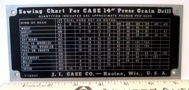 J I Case 14 Plow Press Drill Implement Tin Sowing Chart ID Plate Tag Emblem Sign