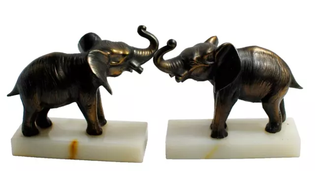 Vintage Pair Silver Cast Elephant Bookends Trunks Up on White Marble