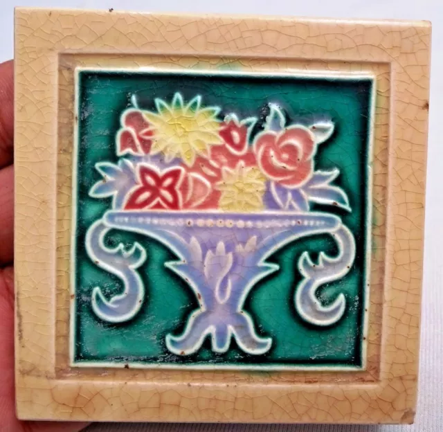 Antique Art Nouveau Tile Majolica Flowerpot By H & R Johnson Limited England "4