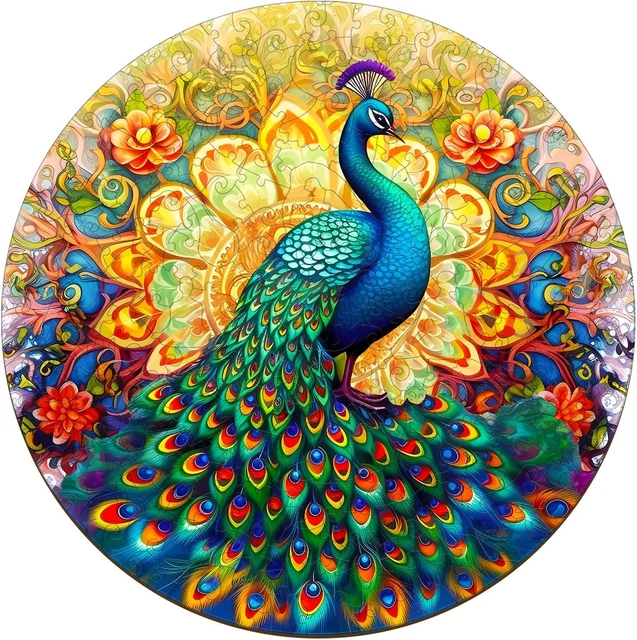Wooden Puzzle for Adults, Mandala Peacock Wooden Puzzles with Unique Colors and