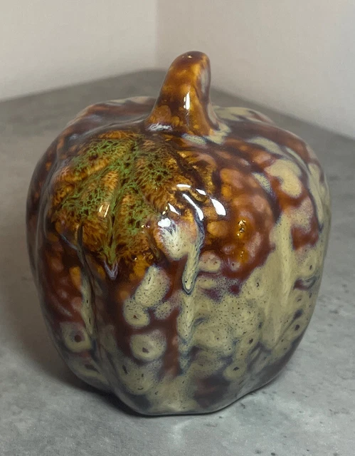 Beautiful Glazed Porcelain Fall Harvest Brown And Orange Pumpkin. Gift Desk Cute