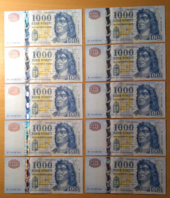 Hungary 1000 Forint 10 Consecutive Serial  Banknote's 2009 , UNC