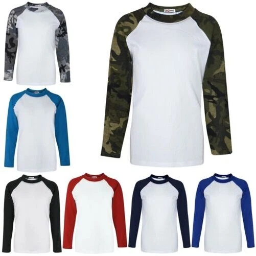 Bambini Ragazzi T-Shirt Tinta Baseball Lungo Raglan Maniche SPORTS 2-13 Anni