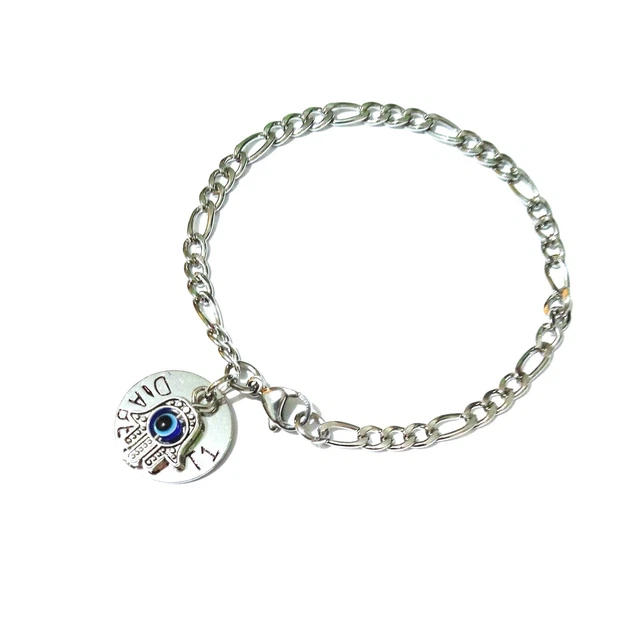 Pulsera de alerta médica advertencia acero inoxidable disco Figaro y dije HAMSA 9" XL