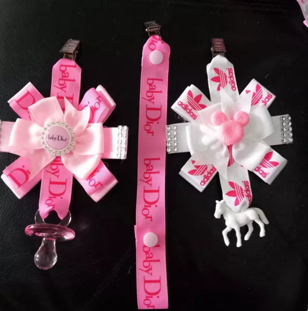 Handmade Pram Charms, Baby Girl, Pink, And Dummy Clip