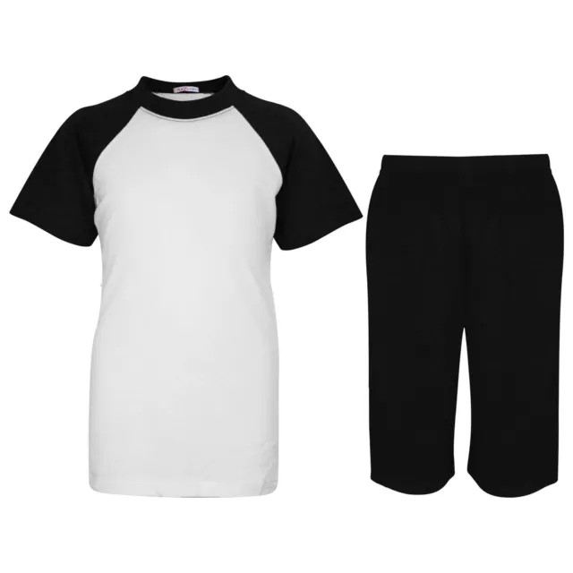 Bambine Ragazzi Nero Raglan Stile Pigiama Contrasto T-Shirt Set Pantaloncini