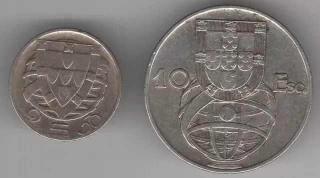 Portugal - 2,50 und 10 Escudos 1945 und 1954 Silber - sehr schön minus und plus