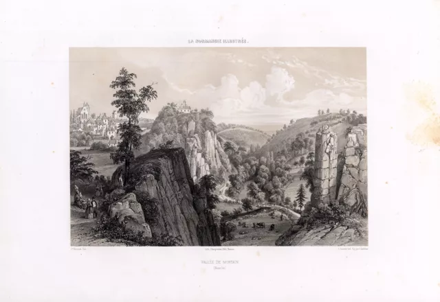 Antiker Druck-MORTAIN-VALLEY-LANDSCHAFT-ÄRMELKANAL-NORMANDIE-FRANKREICH-Benoist-1852
