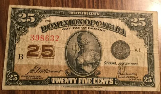 1923 Dominion Of Canada Twenty Five Cents Bank Note 25 Cents