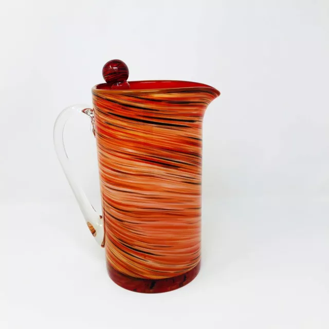 Blown Art Glass Red Orange Swirl Cocktail Pitcher With Matching Stir Vintage