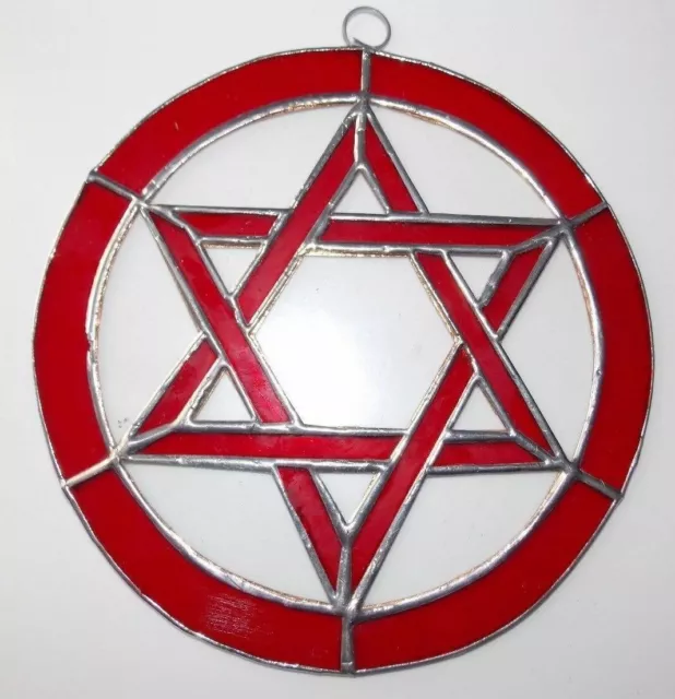 Leaded Stained Glass Round Sun Catcher RED STAR of DAVID  Hanging 7''   #2