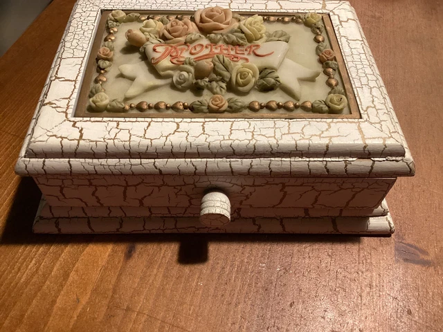 Vintage  Wooden Mother  Jewelry Trinket Box Roses Bow White Crackle Look