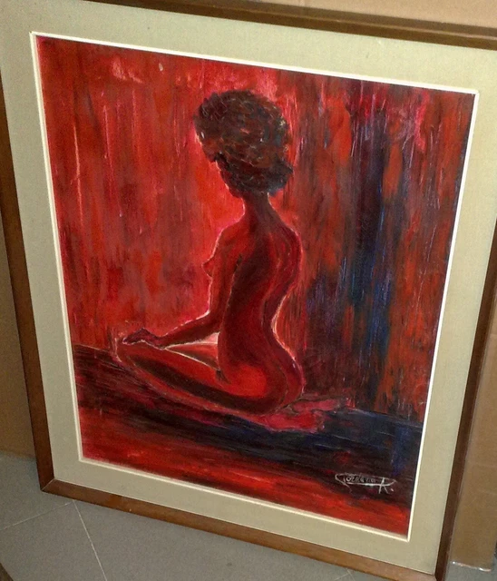 Donna Rossa   Olio Su Tela Vintage