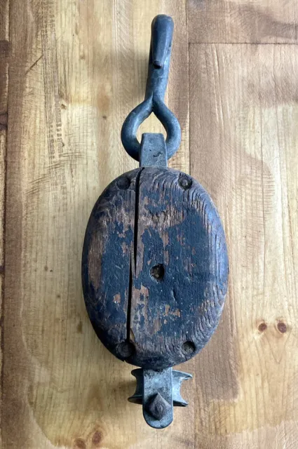 Antique Primitive Wood Iron Pulley & Hook Barn Rustic Industrial New England Ct