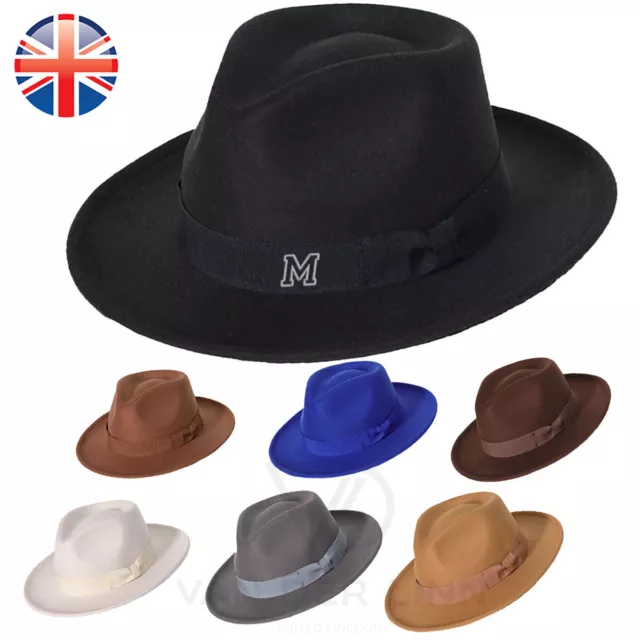 Personalised Embroidered Initials Mens Fedora Jazz Felt Elegant Ribbon Hat