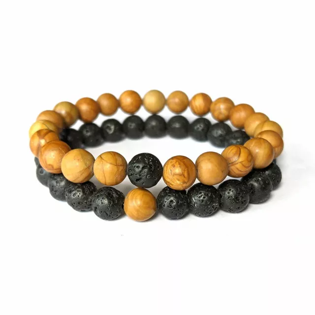 Set de 2 Bracelets Tibétain en pierre de lave noir et perles en bois pétrifié