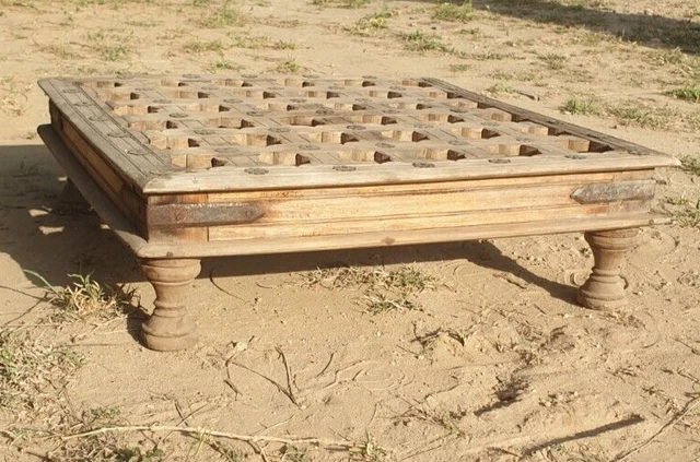 1800's Primitive Antique Indian Old Handcrafted Wooden Low Bajot Coffee Table