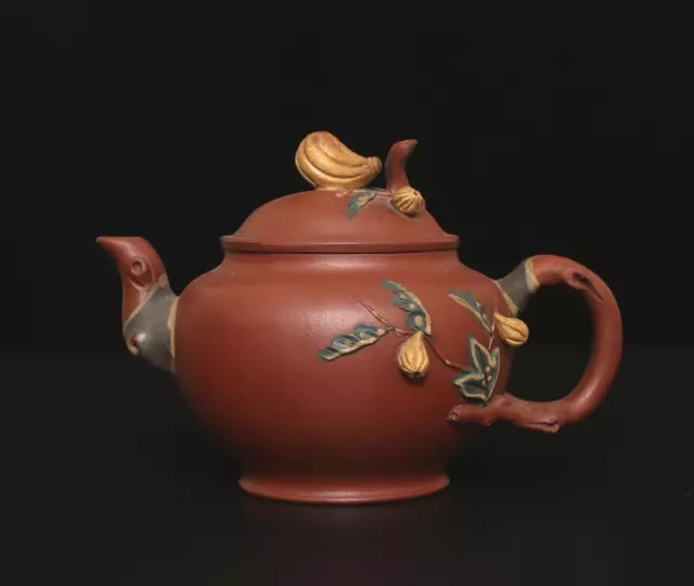 Jiang Rong Signed Old Chinese Handmade Yixing Zisha Teapot w/peach