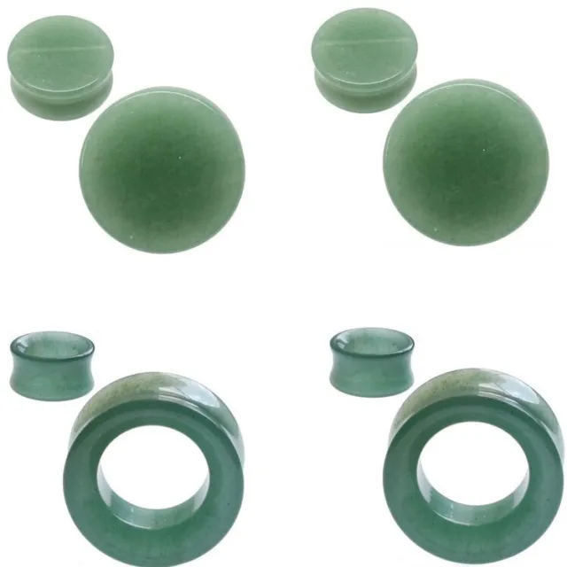 PAIR Green Aventurine Organic Stone Tunnels Double Flare Plugs Earlets Gauges