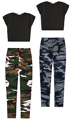 Girls Set Black Crop Top and Leggings Army Camo Dance Outfit New Age 5-13 Years