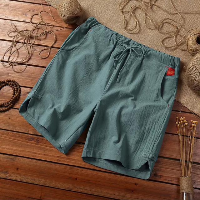 Mens Cotton Linen Shorts Summer Beach Casual Drawstring Chino Loose Short Pant