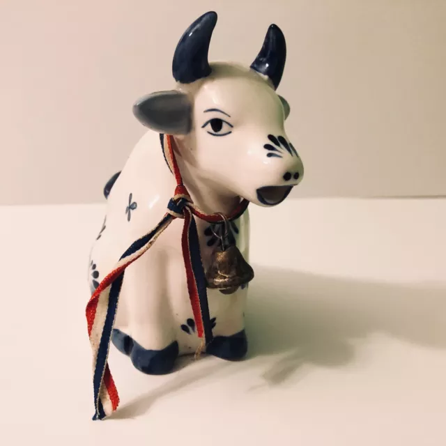 Vintage Delft Ceramic Cow Creamer Figurine 6 Inch Long Blue Hand Painted Holland