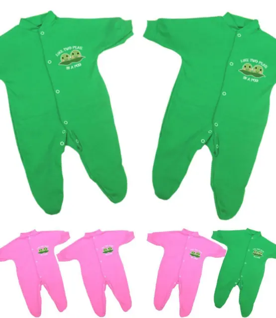 BabyPrem Baby Clothes Boys Girls TWINS Set 2 x Sleepsuits 'PEAS IN A POD' 0 - 9m