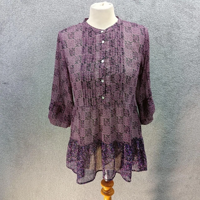 Next Vintage Purple Floral Blouse Top Chiffon Frill Flare Pleated Y2K Uk 8
