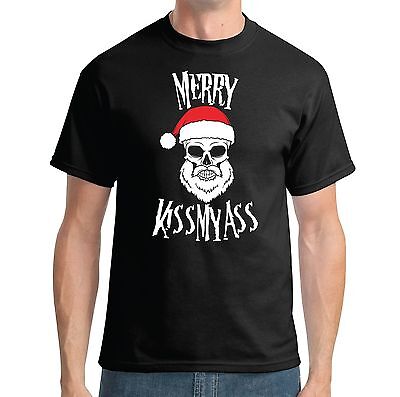 Merry Kiss My Ass T-Shirt-Natale Teschio divertente maleducato scherzo Biker natale segreto