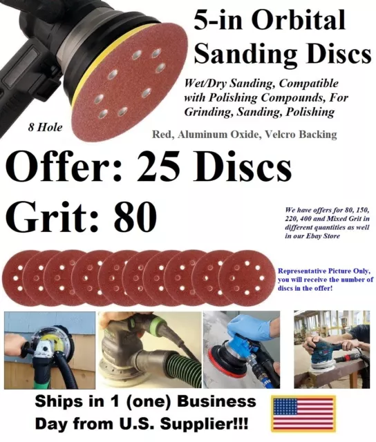 80 GRIT Round Hook/Loop Sanding Disc-Red, Alum Oxide,Size 5",Qty Varies-Orbital