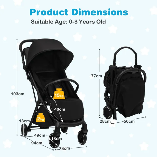 Foldable Baby Stroller Pushchair Pram Toddler Buggy Adjustable Backrest Canopy 2