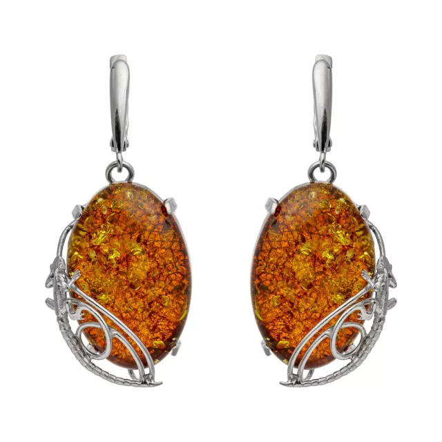 Charming Genuine Baltic Amber Earrings 925 Sterling Silver Cognac Color