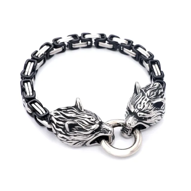 Stainless Steel Black Silver Viking Fenrir Wolf Head Byzantine Link Bracelet