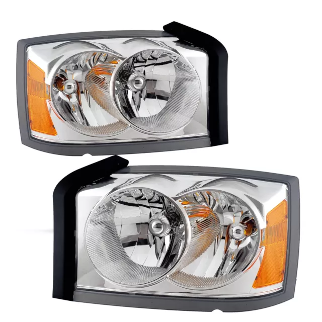 Left+Right For 2005 2006 2007 Dodge Dakota Headlights Chrome Amber Headlamps