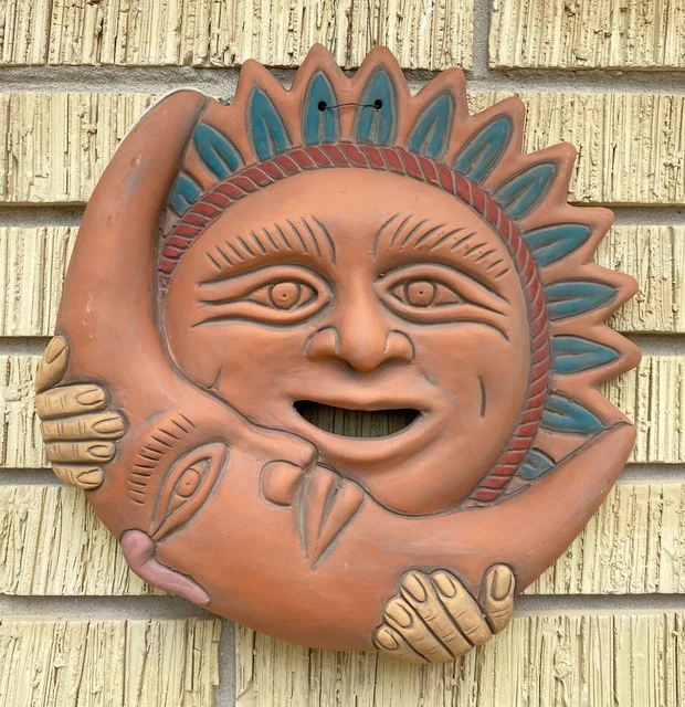 VINTAGE TERRACOTTA MEXICAN Folk Art Clay Pottery Wall Hang Hanging Moon