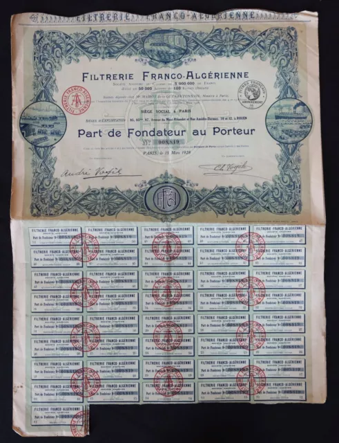 Action 1928 FILTRERIE FRANCO-ALGERIENNE Algérie titre bond share 6