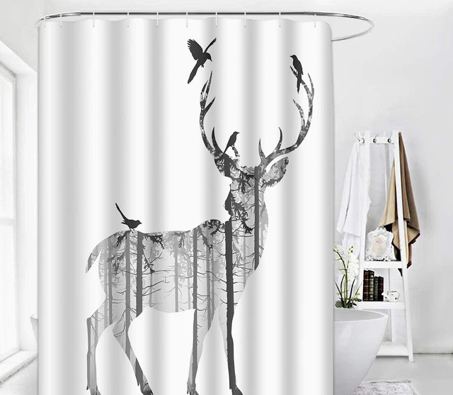 Winter Holiday Shower Curtain Bathroom Deer Birds Silhouette Farmhouse White