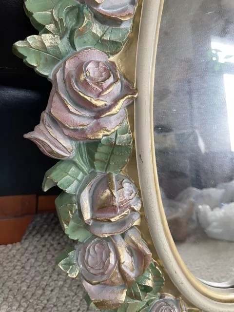 Vintage Home Interiors Oval Mirror With Pink Roses And Green Leaves 27" X 19" 2